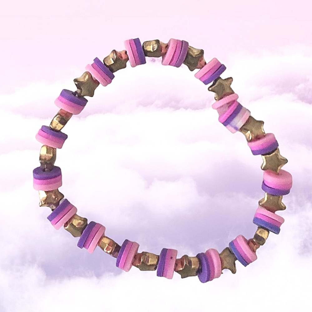 'Purple Star Gaze' Handmade by Mxshabeads / Stretch Beads Bracelet w/ Stars
